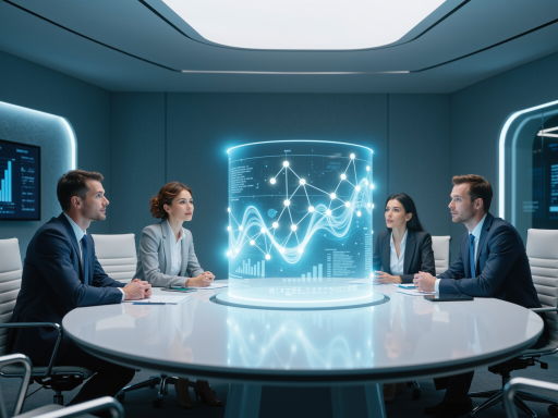 团队协作工作场景，显示多人围坐讨论数据分析项目，蓝色科技背景，现代化办公环境，明亮自然光