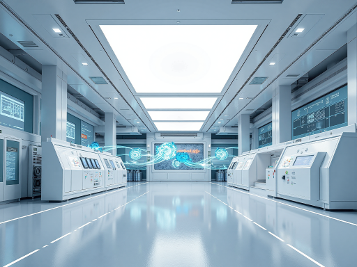 智能制造数据分析场景，显示工厂生产线监控界面，蓝色科技背景，现代化工业环境，明亮自然光